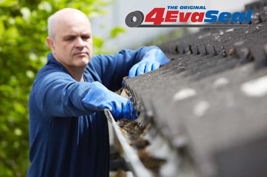 Person Cleaning Gutters Before Applying 4EvaSeal Sealant Products